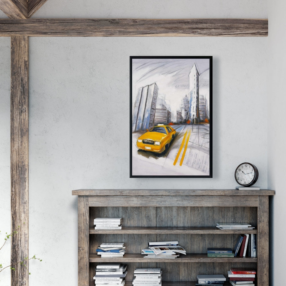 Toile « Taxi jaune et croquis de la ville » | Décoration murale pour chambre