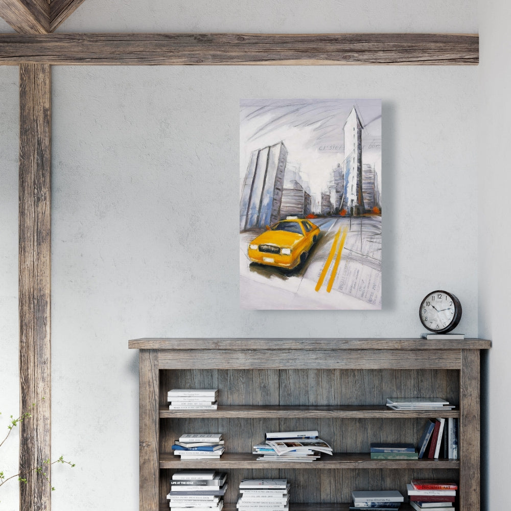 Yellow Taxi & City Sketch - Blue Canvas for Bedroom Decor