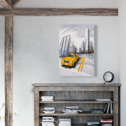 Yellow Taxi & City Sketch - Blue Canvas for Bedroom Decor