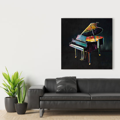 Toile musicale grise – Piano réaliste et coloré pour décoration d'intérieur