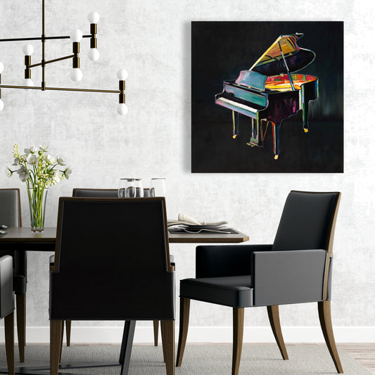 Toile musicale grise – Piano réaliste et coloré pour décoration d'intérieur