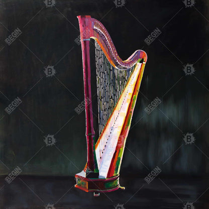 Toile de harpe réaliste et colorée | Décoration de chambre musicale noire