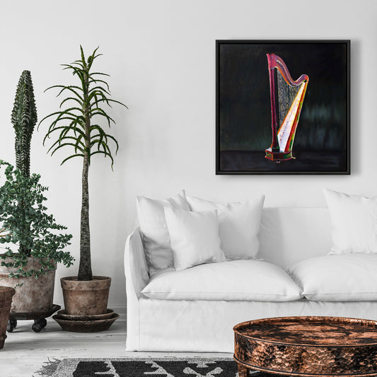 Harpe colorée et réaliste | Toile avec cadre noir pour décoration de chambre