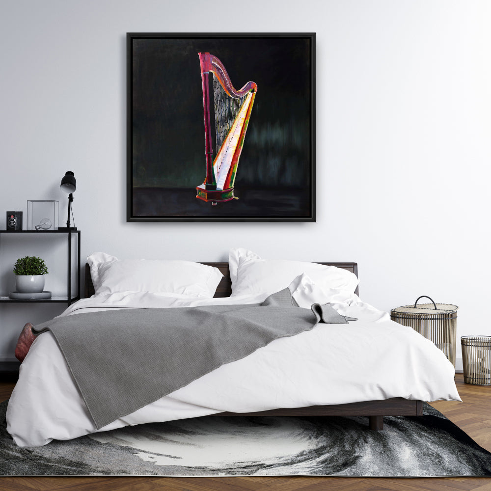 Harpe colorée et réaliste | Toile avec cadre noir pour décoration de chambre