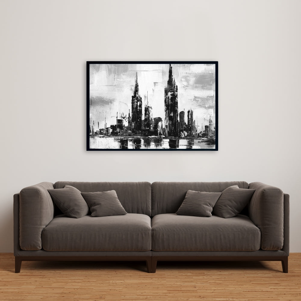 Toile monochrome Paysage urbain | Décoration de chambre avec cadre blanc