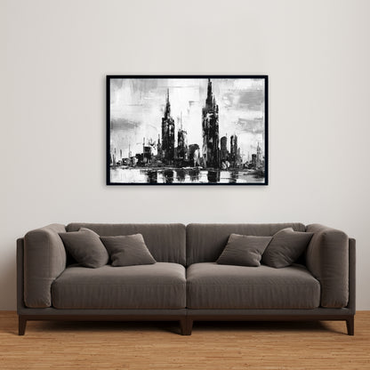 Toile monochrome Paysage urbain | Décoration de chambre avec cadre blanc