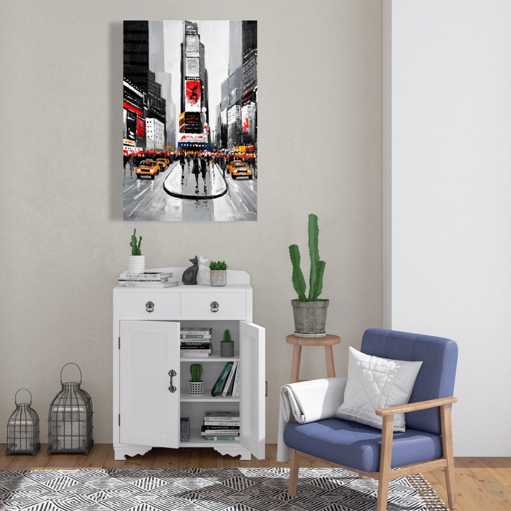 Toile de chambre à coucher avec un bâtiment gris | Décoration de rue animée à New York