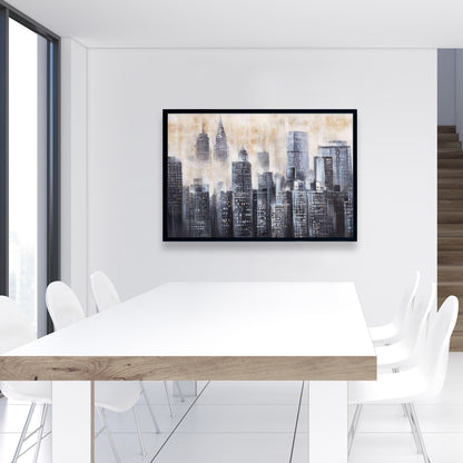 Gray Contemporary Framed Canvas - Buildings Through the Clouds