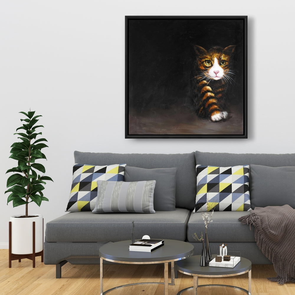Toile encadrée blanche moderne – Décoration d'intérieur discrète avec chat