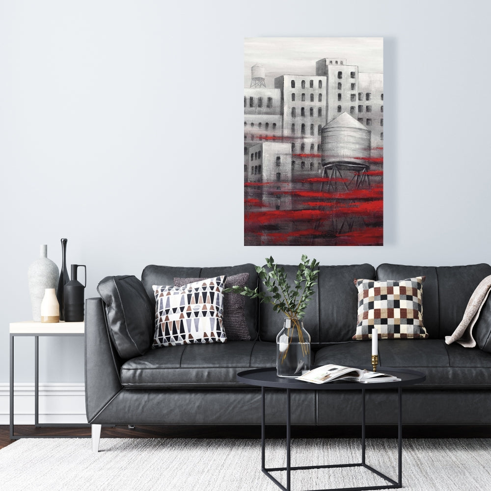 Gray City with Red Clouds Canvas | Contemporary Home Decor