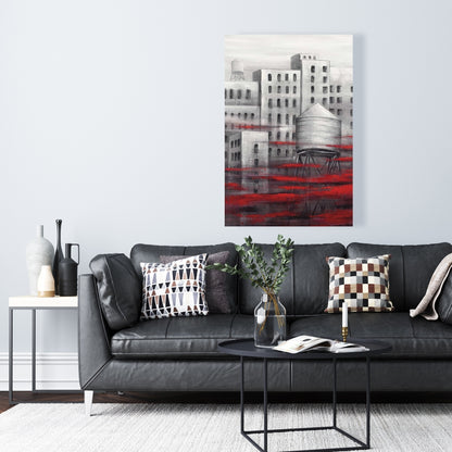 Gray City with Red Clouds Canvas | Contemporary Home Decor