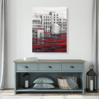 Gray City with Red Clouds Canvas | Contemporary Home Decor