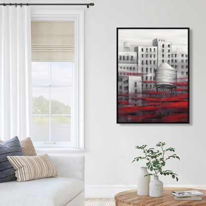 Gray City with Red Clouds Framed Canvas | Bedroom Wall Art