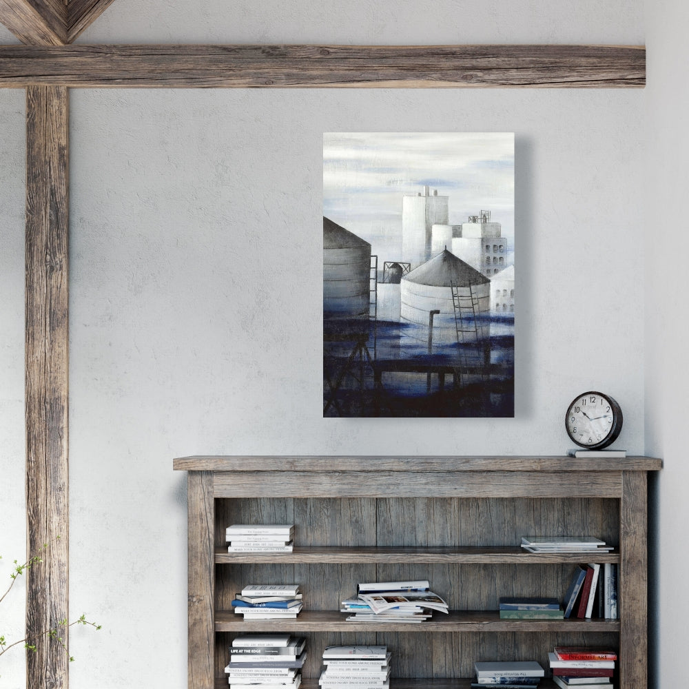 Gray City with Blue Clouds Canvas | Modern Bedroom Wall Art
