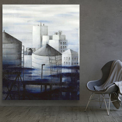 Gray City with Blue Clouds Canvas | Modern Bedroom Wall Art