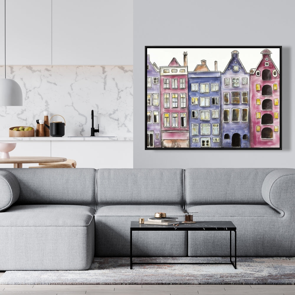 Toile « Maisons historiques d'Amsterdam » | Décoration murale encadrée violette