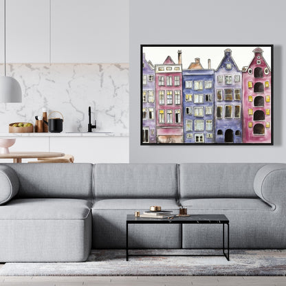 Toile « Maisons historiques d'Amsterdam » | Décoration murale encadrée violette