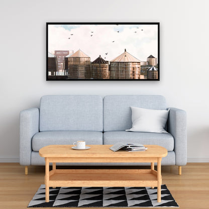 Water Towers | Blue Framed Canvas for Bedroom Decor