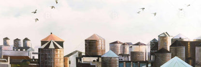Blue Framed Canvas - Water Towers with Birds | Home Decor