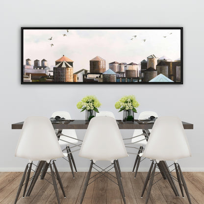 Blue Framed Canvas - Water Towers with Birds | Home Decor