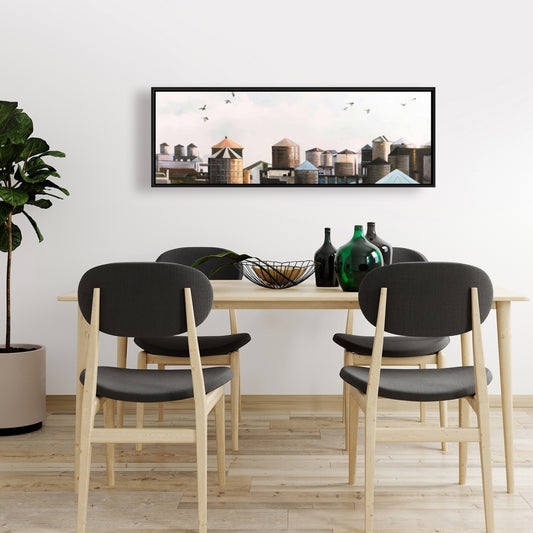Blue Framed Canvas - Water Towers with Birds | Home Decor