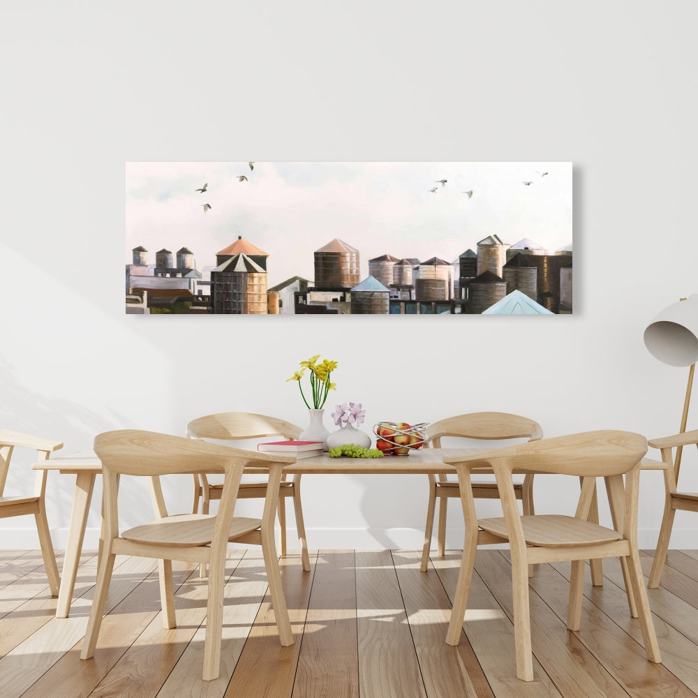 Water Towers with Birds Canvas | Modern Bedroom Wall Art Decor