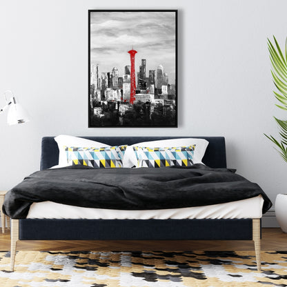 Space Needle in Red Canvas | White Frame | Home Decor Art