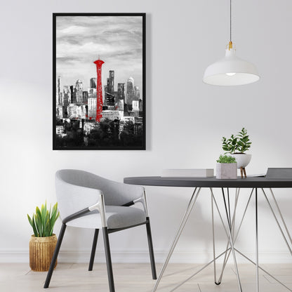Space Needle in Red Canvas | White Frame | Home Decor Art