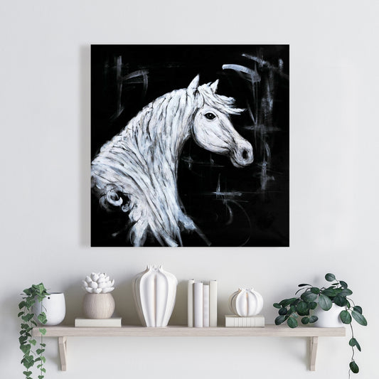 Horse Profile Canvas - White Farm Animal Art for Bedroom Decor
