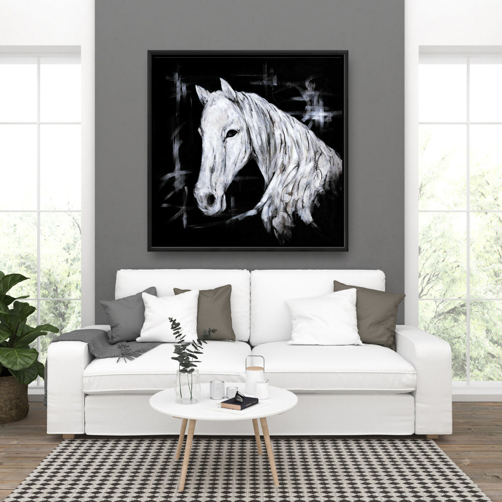 Toile abstraite de profil de cheval | Décoration d'animaux de la ferme | Cadre blanc
