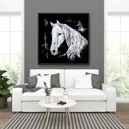 Toile abstraite de profil de cheval | Décoration d'animaux de la ferme | Cadre blanc