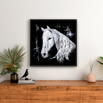 Toile abstraite de profil de cheval | Décoration d'animaux de la ferme | Cadre blanc