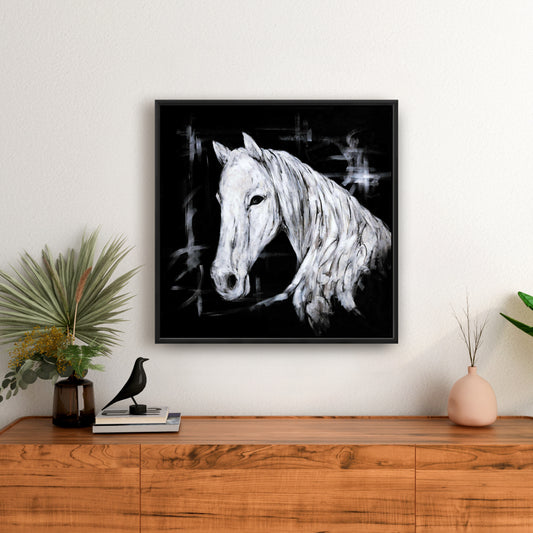 Toile abstraite de profil de cheval | Décoration d'animaux de la ferme | Cadre blanc