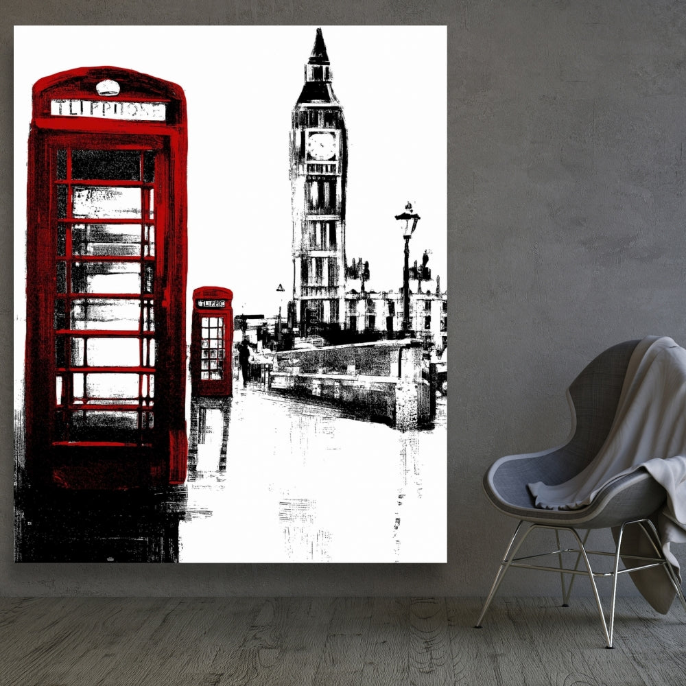 Toile encadrée industrielle : cabine téléphonique et Big Ben, décoration d'intérieur