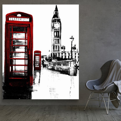 Toile encadrée industrielle : cabine téléphonique et Big Ben, décoration d'intérieur