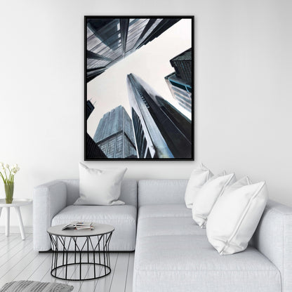 Perspective View of Skyscraper - Blue Cities Framed Canvas