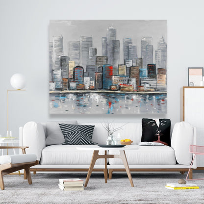 Toile abstraite bleue représentant une ville - Décoration de chambre contemporaine