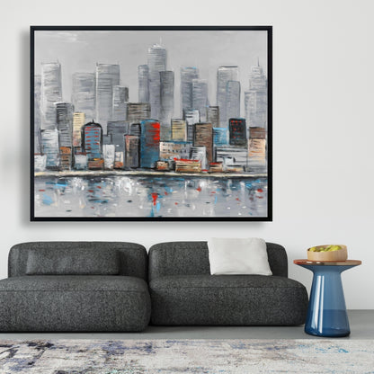 Toile abstraite avec horizon urbain pour chambre à coucher bleue | Décoration d'intérieur