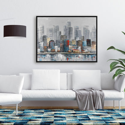 Toile abstraite avec horizon urbain pour chambre à coucher bleue | Décoration d'intérieur
