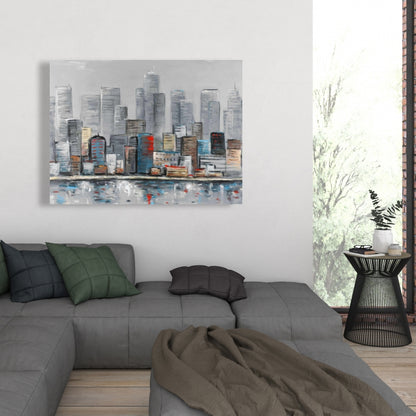 Toile abstraite bleue représentant une ville - Décoration de chambre contemporaine