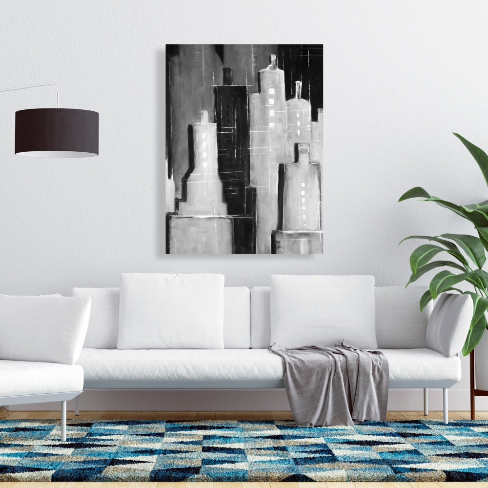Toile abstraite en noir et blanc représentant un paysage urbain - Décoration murale pour chambre