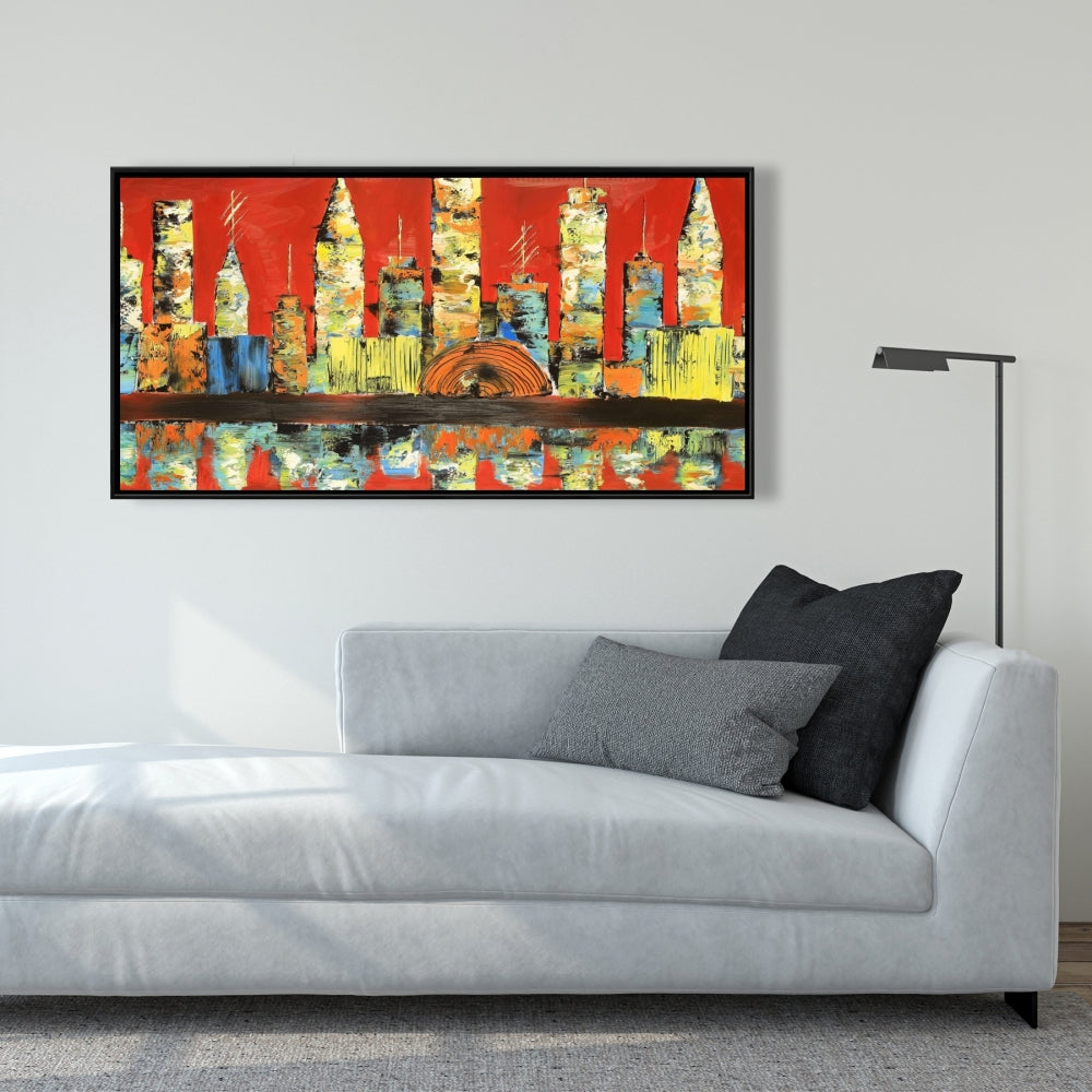 Red Abstract Skyline - Yellow Framed Canvas for Home Decor