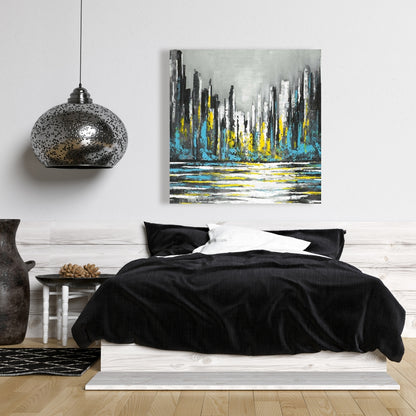 Abstract Blue Skyline | Gray Canvas | Bedroom Home Decor