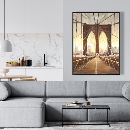 Décoration de chambre : Coucher de soleil sur le pont de Brooklyn sur toile marron