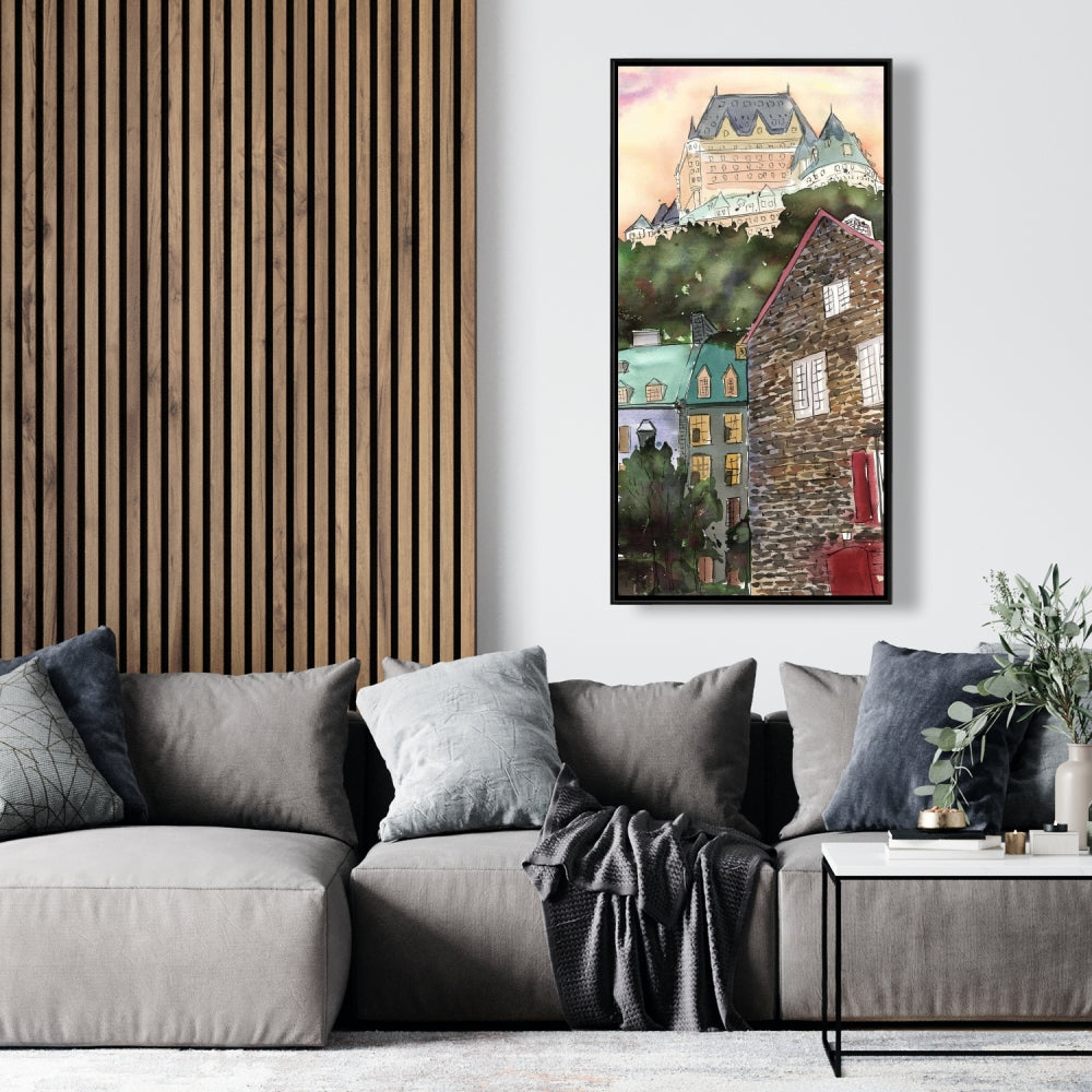 Toile du Château Frontenac | Décoration d'intérieur encadrée avec arbres bruns