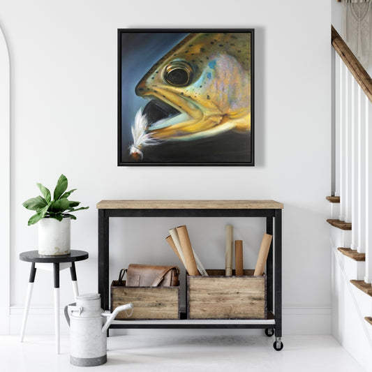 Toile encadrée « Pêche à la mouche à la truite dorée » | Décoration rustique