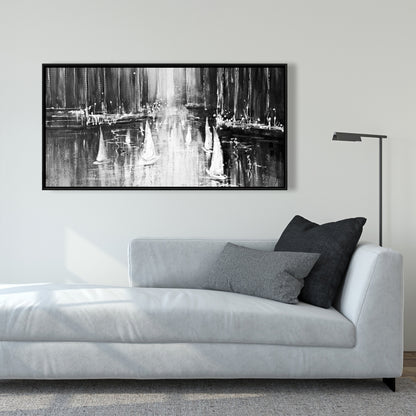 Bateaux en nuances de gris sur l'eau | Décoration de chambre monochrome sur toile