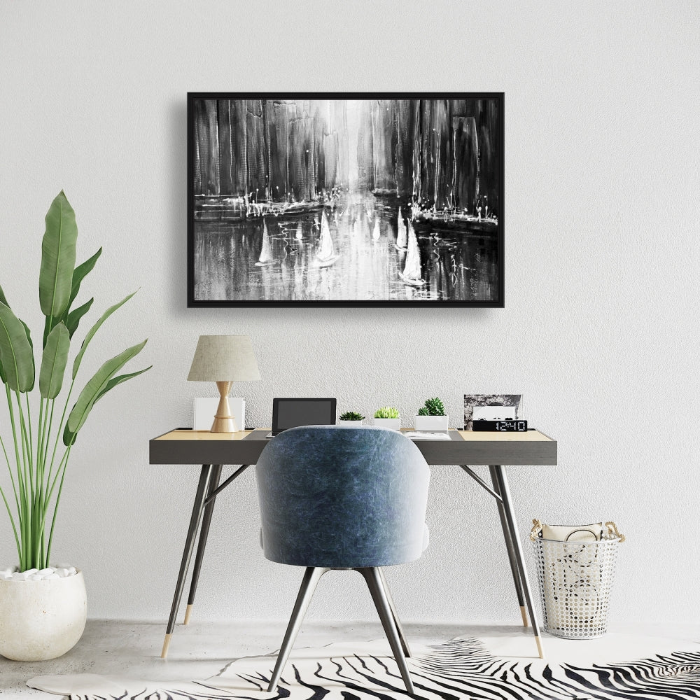Bateaux en nuances de gris sur l'eau | Décoration de chambre monochrome sur toile
