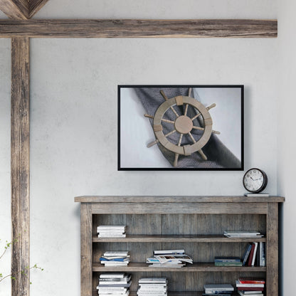 Toile « Gouvernail sur filet de pêche » | Cadre de bateau blanc, décoration d'intérieur