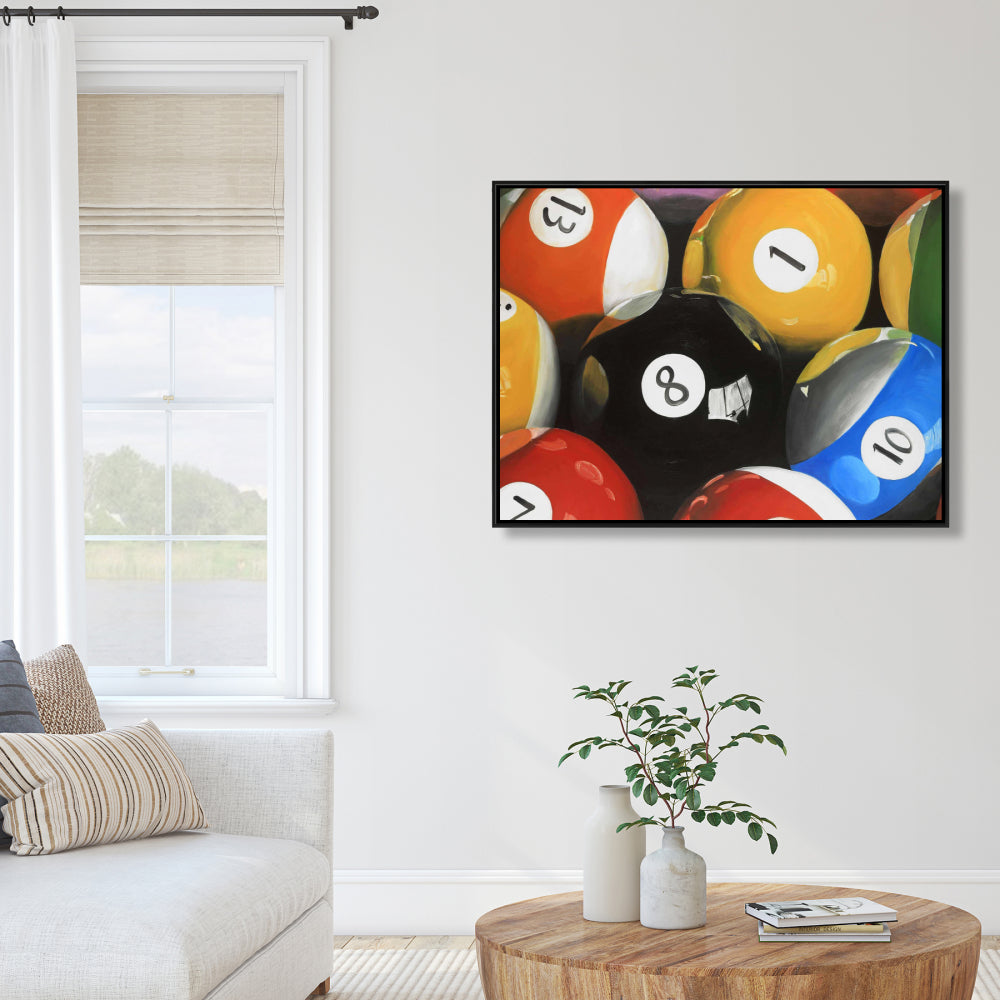 Gros plan de boules de billard | Décoration d'intérieur sur toile encadrée hyperréaliste